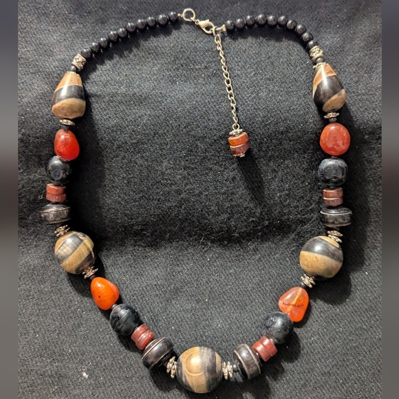 Black Brown Orange Neutral Tones Chunky Oversized Beaded Statement Necklace - Picture 1 of 5